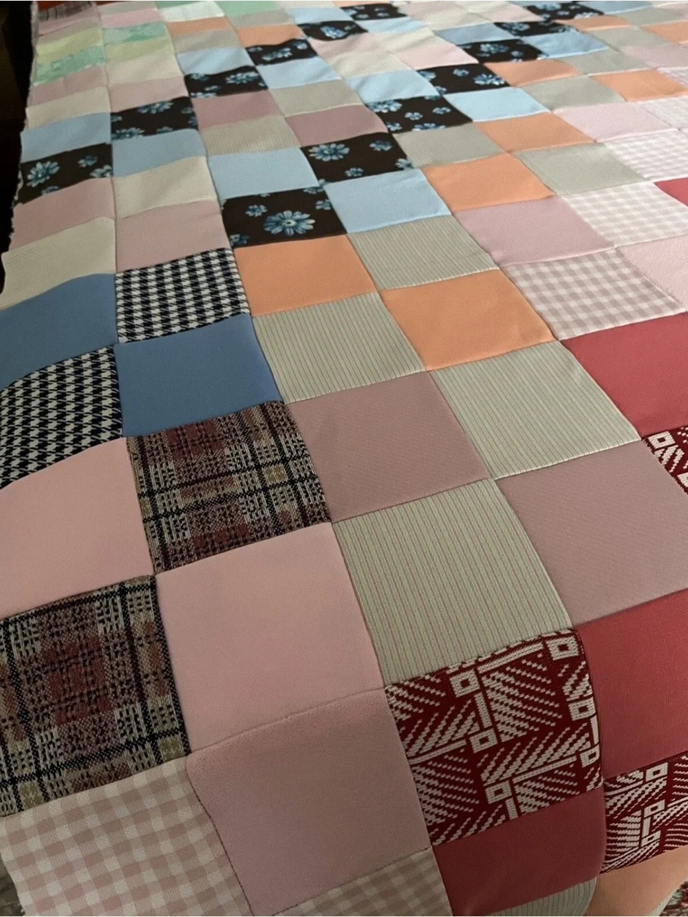 Vintage 1970s Patchwork Quilt Top - Retro Poly Knit Scraps (74